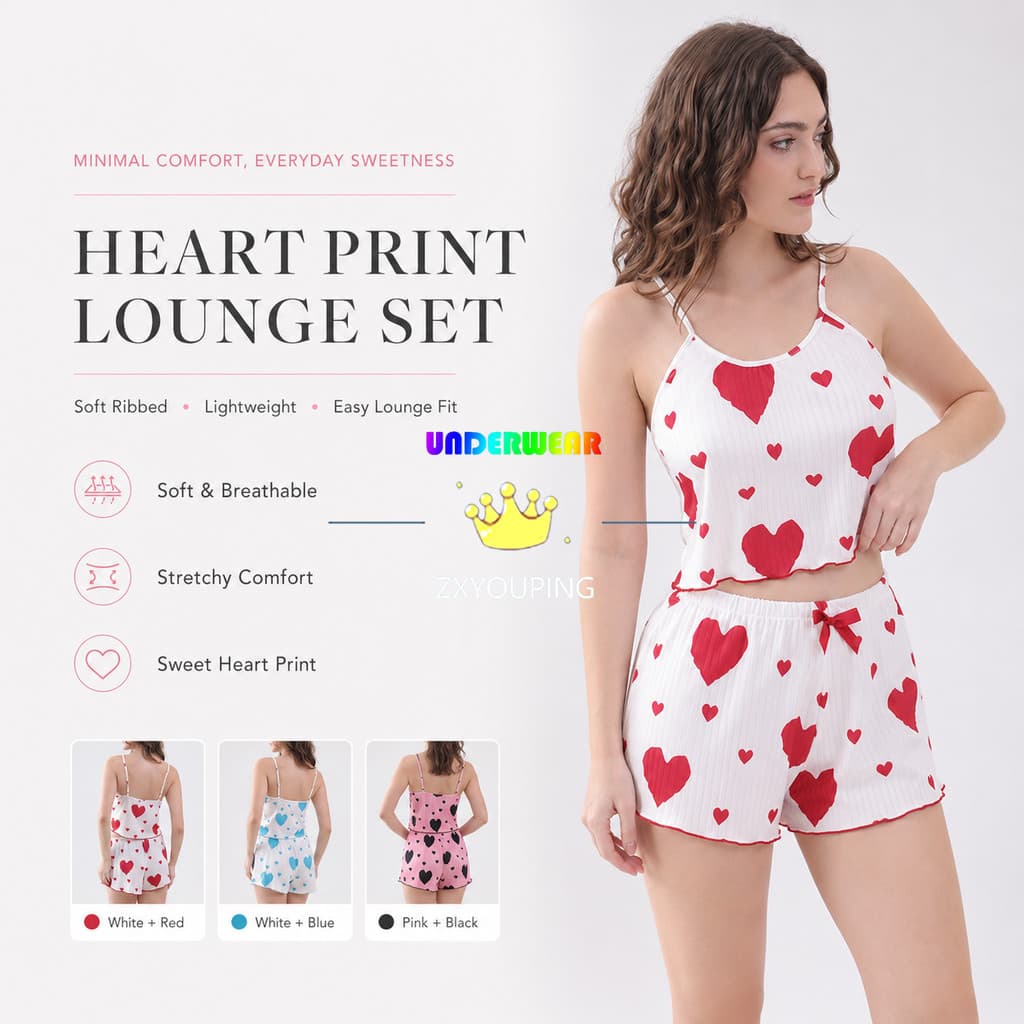 ZXYOUPING Conjunto De Pijamas Femininos Com Estampa De Coração Fofo , Regata Alças Finas E Shorts De Cintura Elástica