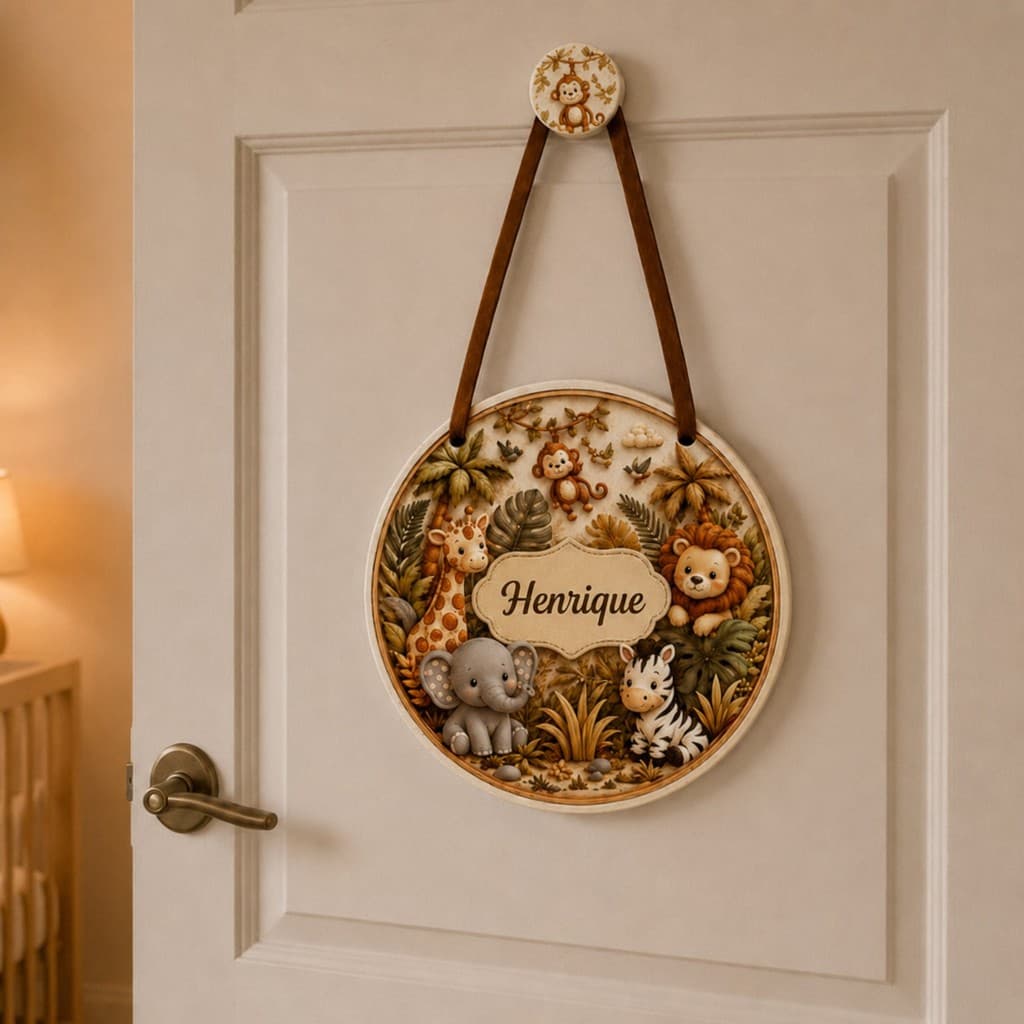 Porta Maternidade Personalizada Safari Nome Para Quarto do Bebê