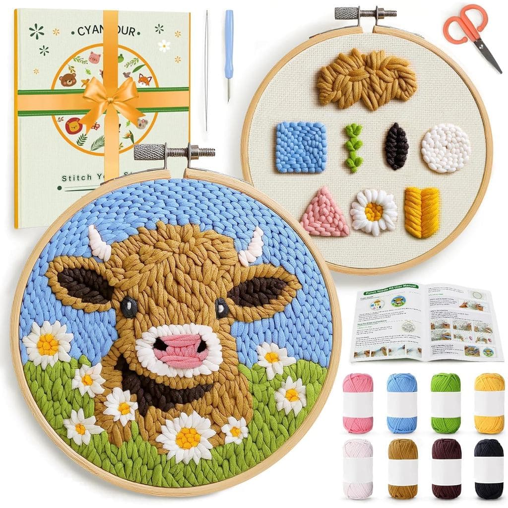 Kit de Bordado com Agulha de Punção CYANFOUR para Iniciantes, Kits de Bordado com Agulha de Punção de Vaca Highland para