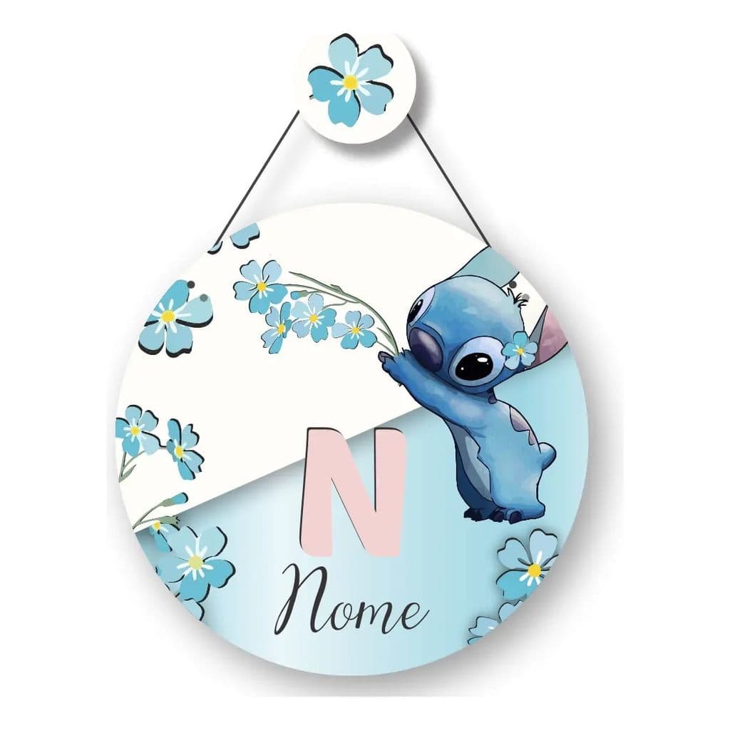 Porta Maternidade Stitch Floral Azul Em Mdf Com Nome