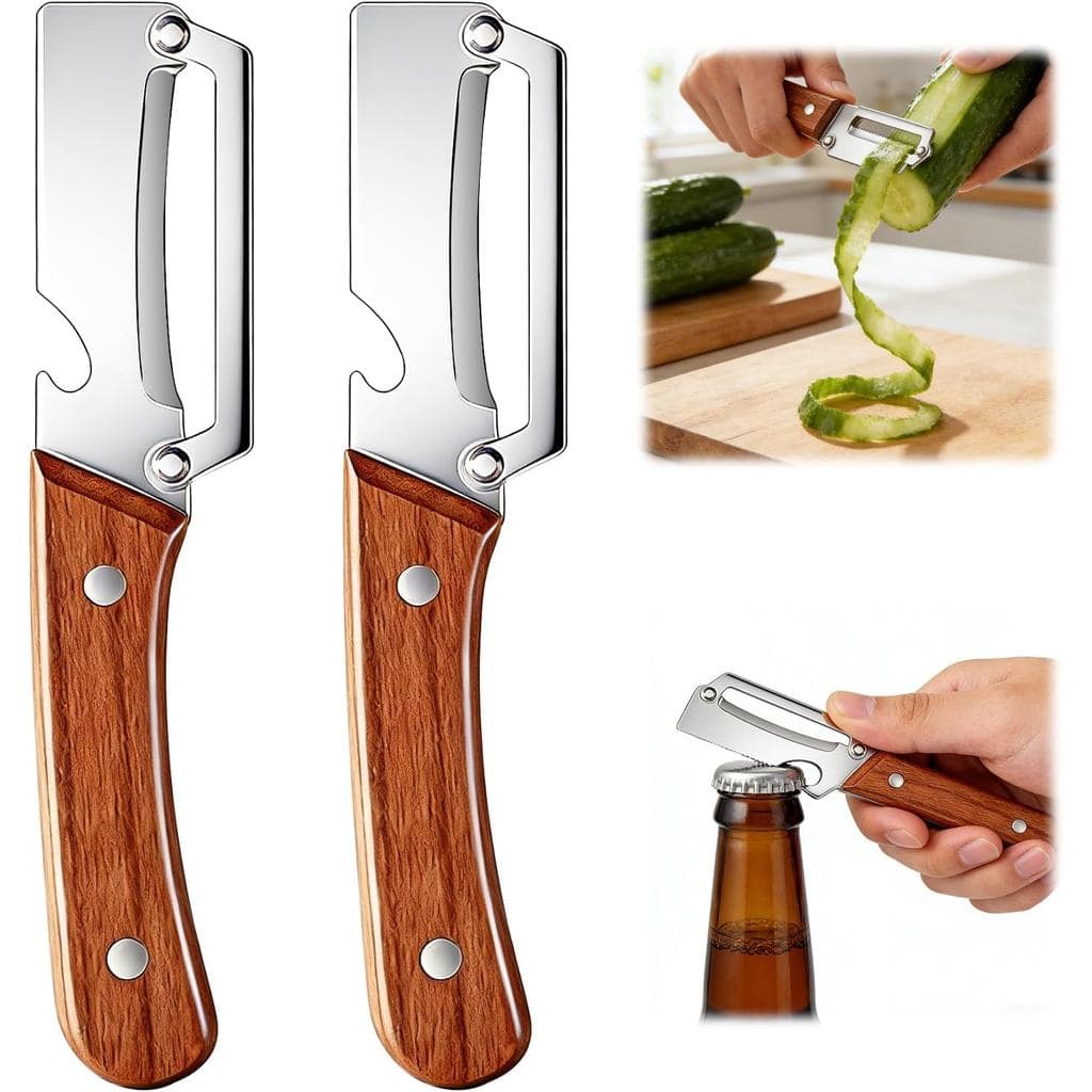 2 Peças Descascador de Legumes Multifuncional para Cozinha, Descascador de Legumes Premium com Cabo de Madeira e Abridor
