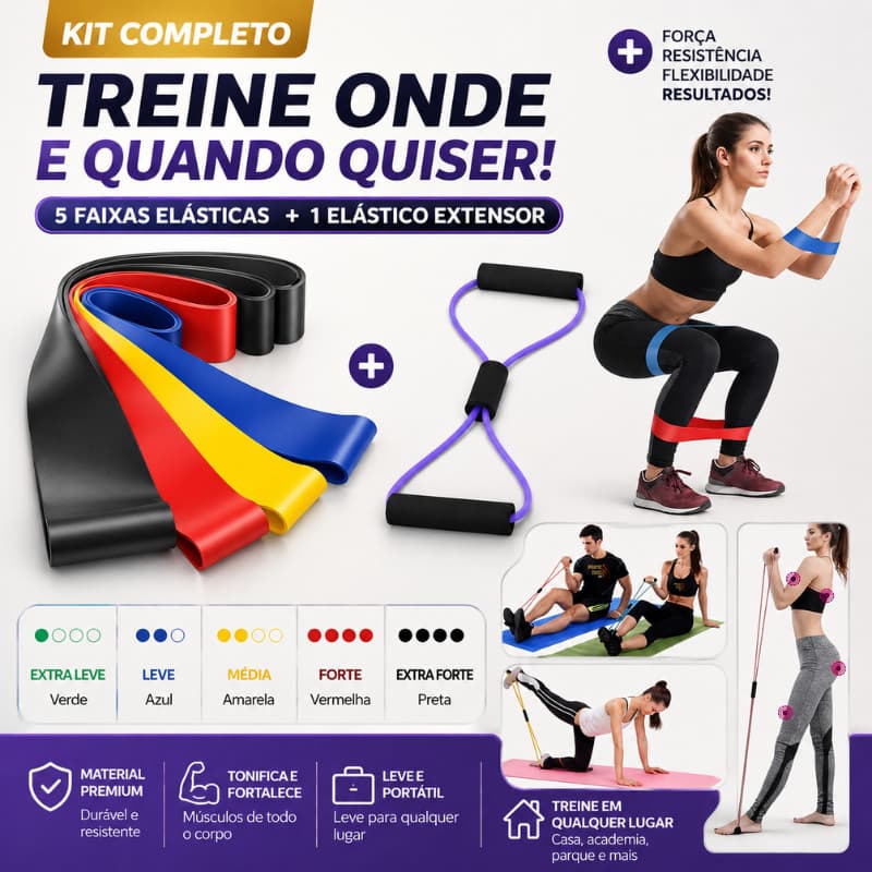 Kit Coss  Treino Funcional 5 Mini Band + Elástico Tensão Extensor Exercício Fisioterapia