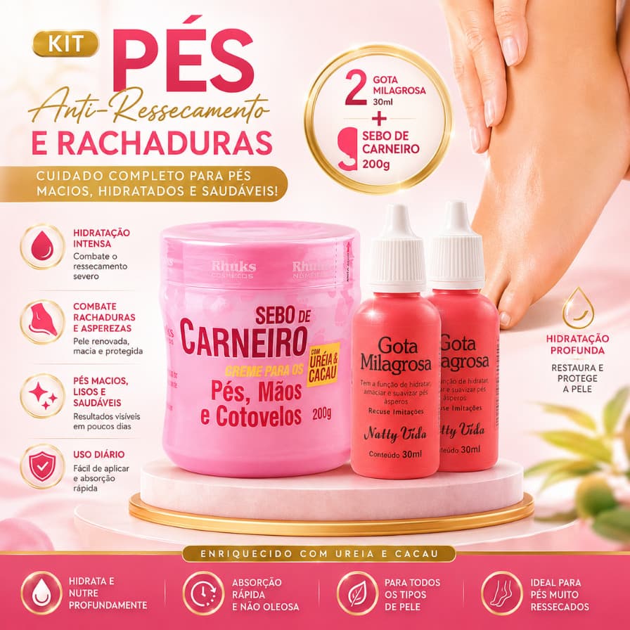 Kit p/ Pés Anti-Ressecamento e Rachaduras: 2 Gota Milagrosa 30ml + Sebo de Carneiro 200g