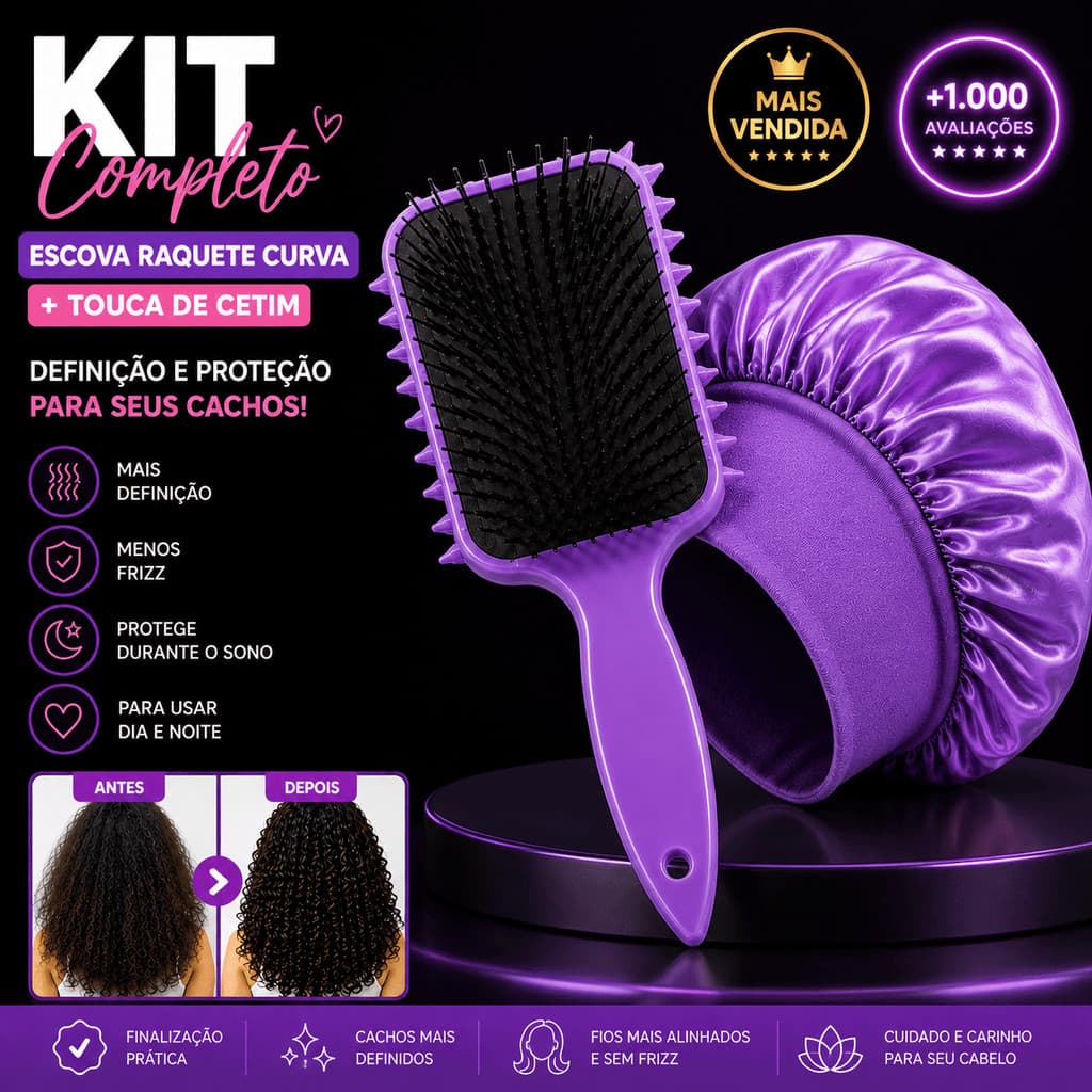 Kit para Cabelo Cacheado Escova de Fitagem + Touca de Cetim com Faixa Definidora Anti Frizz Finalização