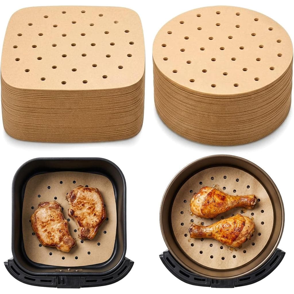 100 Unidades de Papel Manteiga Descartável para Air Fryer - Forros Perfurados de 8,5 e 7 Polegadas para Air Fryer, Folha