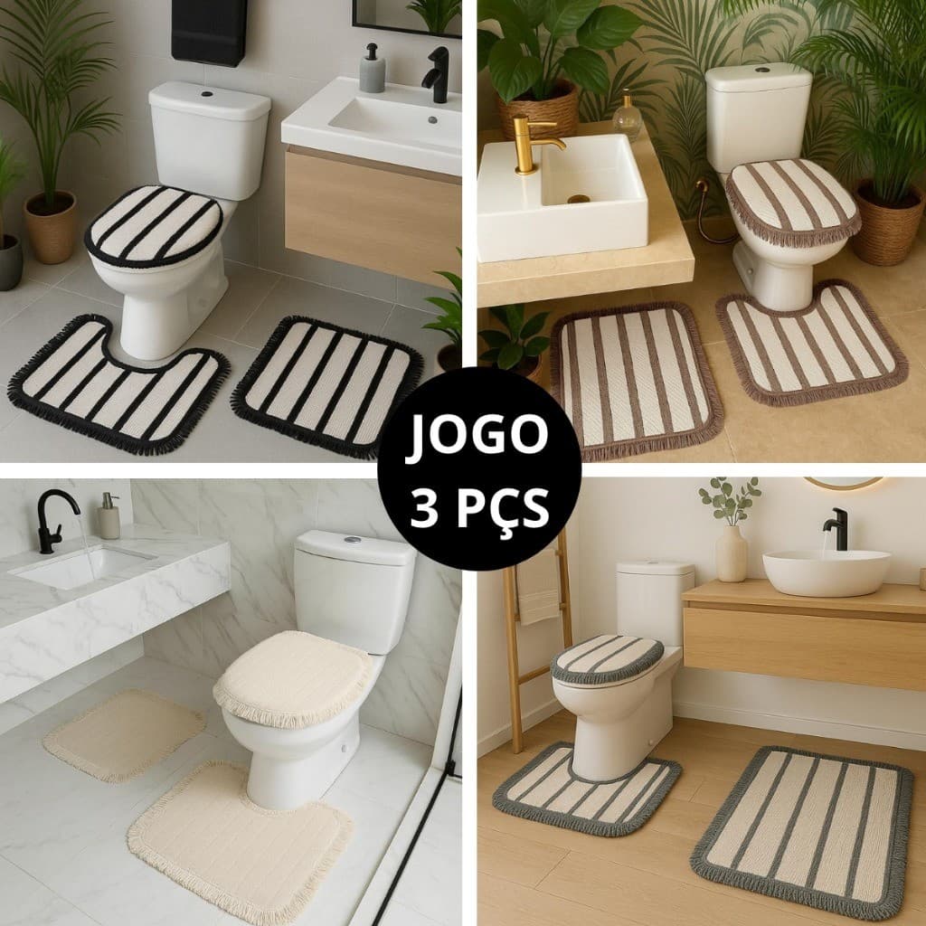 Jogo de Banheiro 3 Peças em Algodão Listrado Boho com Franjas Decorativas e Toque Macio