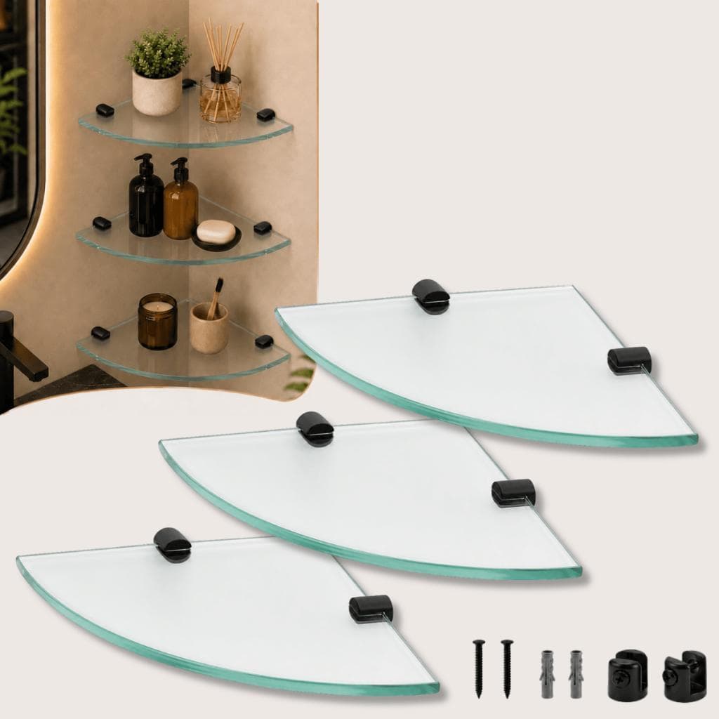 Kit 3 Prateleiras de Vidro 6mm 20x20cm com Suporte Preto para Parede