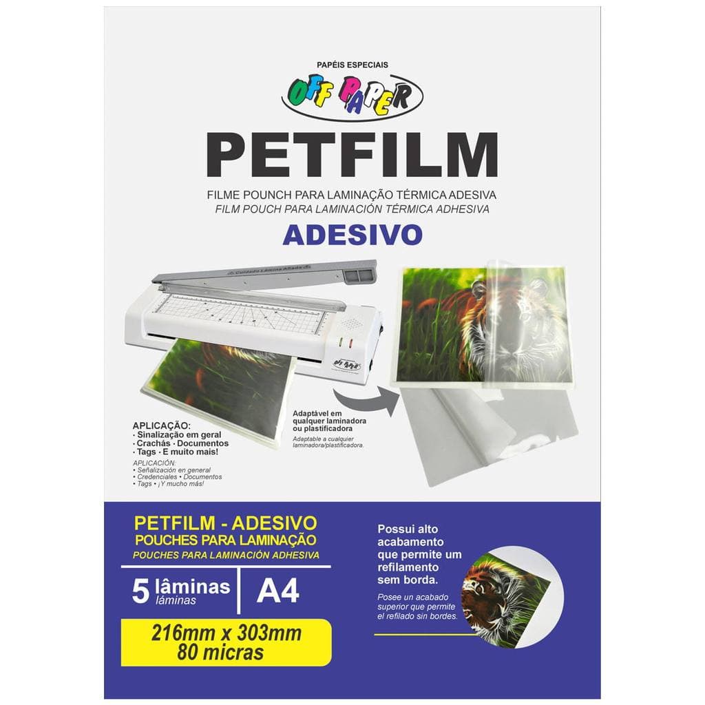 PetFilm Adesivo A4 216x303mm 80 Micras Off Paper Film Pouch para Laminação Térmica Adesiva 5 Lâminas