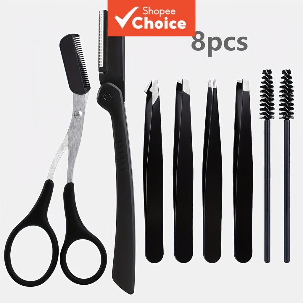 Kit De Preparação De Sobrancelha De Aço Inoxidável , 8 Peças , Conjunto Preto Portátil Com Escova , Navalhas , Pente , T