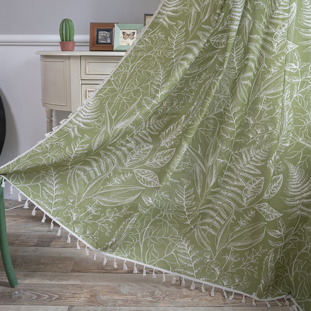 Qiyun cortina produto acabado folha verde Semi-Blackout cortina de cozinha divisória cortina Bay janela transparente