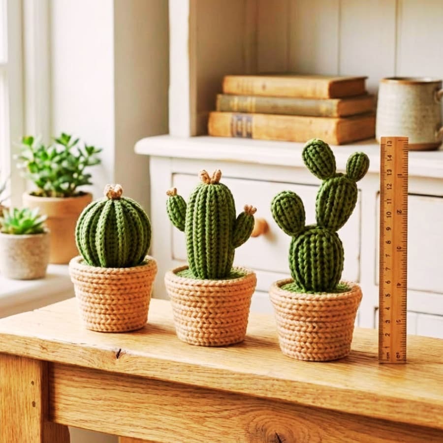 Kit 3 Cactos decoração Efeito Tricô 3D com Vaso | Decoração para Sala Minimalista Escritório
