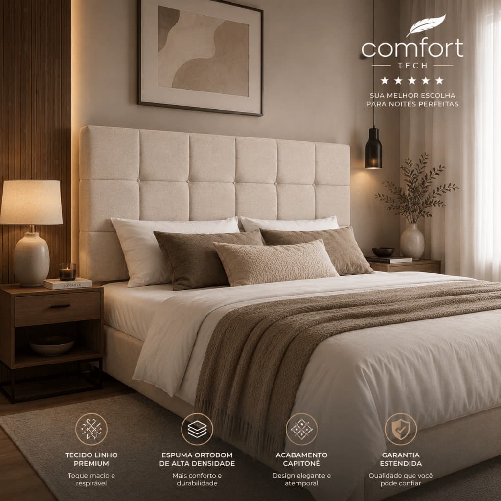 Cabeceira Bia para Cama Box Queen Estofada em Linho - 1,60cm Espumas Ortobom - Envio Full