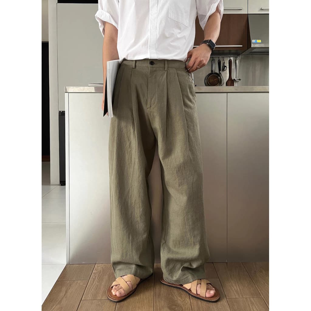 Protetor solar exército verde linho Casual calças compridas masculino High-End solto macacão de perna larga duplo plissa