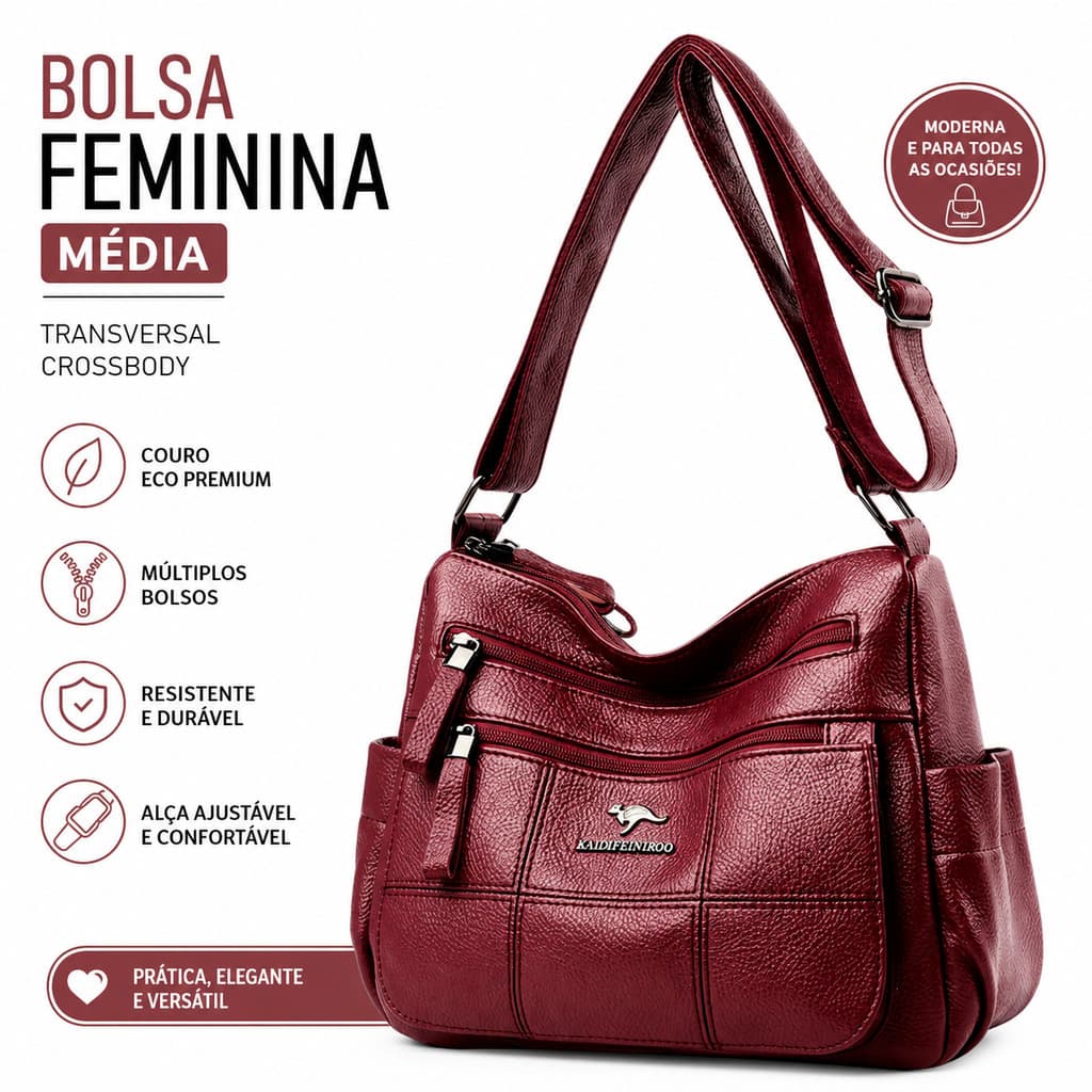 Bolsa Feminina Média Couro Eco Transversal Crossbody Prática Mulher Acessório Moda