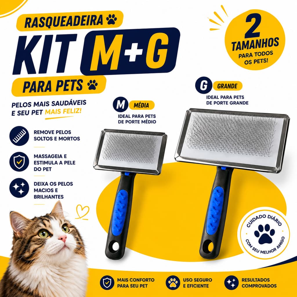 Kit Rasqueadeira Pet M + G Escova Para Cães e Gatos Remove Pelos Soltos