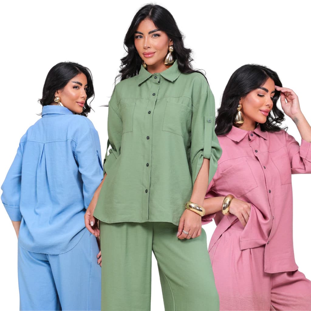 Conjunto Feminino Pantalona em Marrant Sensorial com Camisa de Bolsos e Manga Ajustável