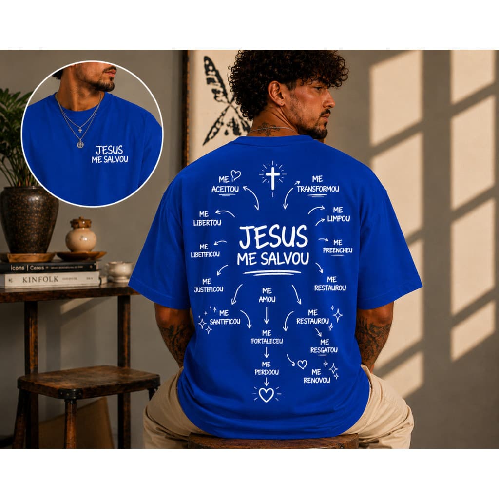 Camiseta Cristã Jesus Me Salvou Gospel Fé em Cristo Estampa Frente e Costas