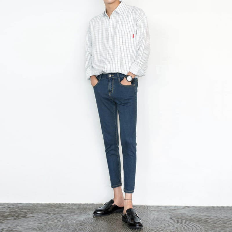Luz estilo maduro High-End estiramento fino ajuste azul escuro tornozelo comprimento Jeans masculino rufião bonito S
