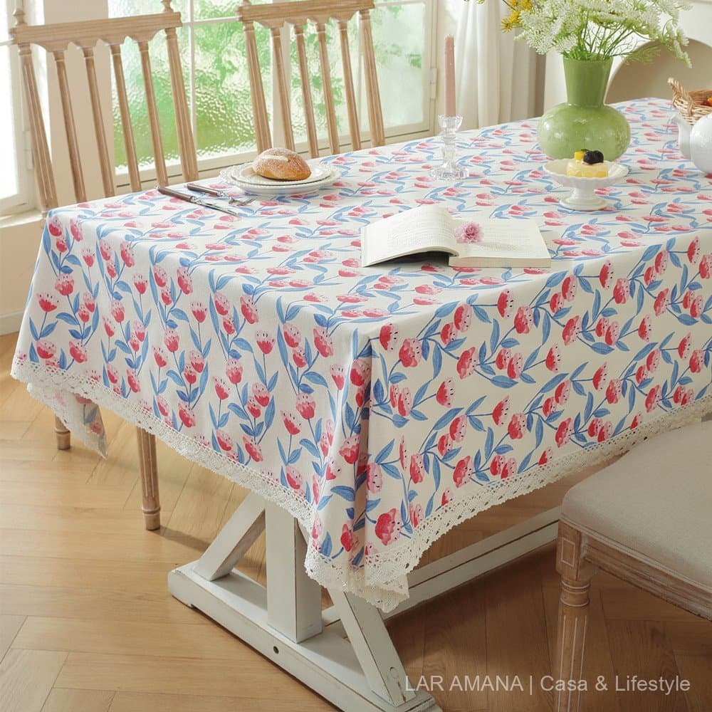 Toalha de mesa retangular de poliéster-algodão com estampa floral de renda para mesa de centro e mesa de jantar.