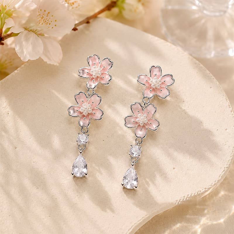 999 prata agulha rosa flor de cerejeira zircão brincos feminino 2026 novo estilo luz luxo High-End na moda All-Match bri