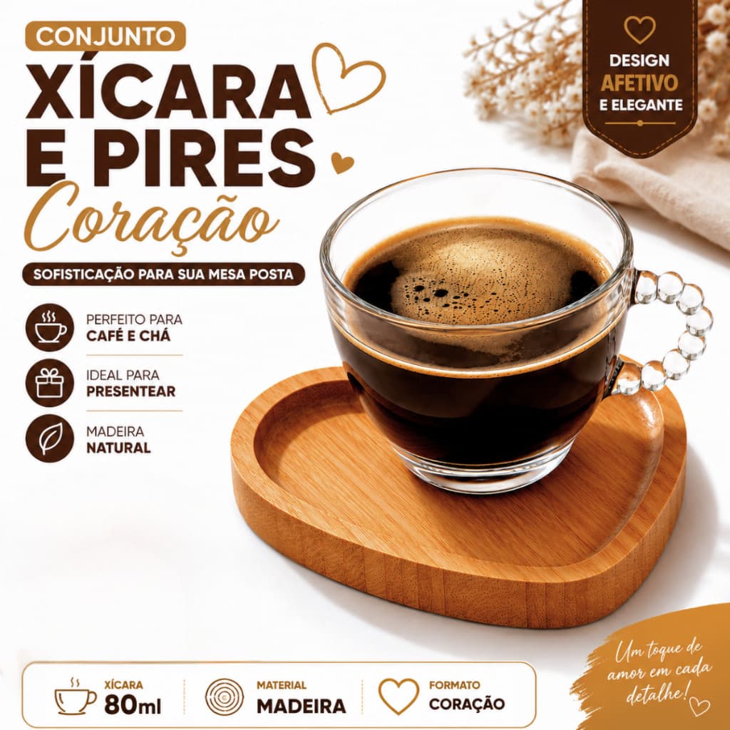 Conjunto Xícaras e Pires Coração Madeira Luxo Mesa Posta Café Chá Decoração Minimalista