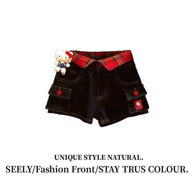 Shorts de Denim Bordados com Gato para Mulheres, Cintura Alta, Ajuste Slim, Sem Decorações 3841 LP1T