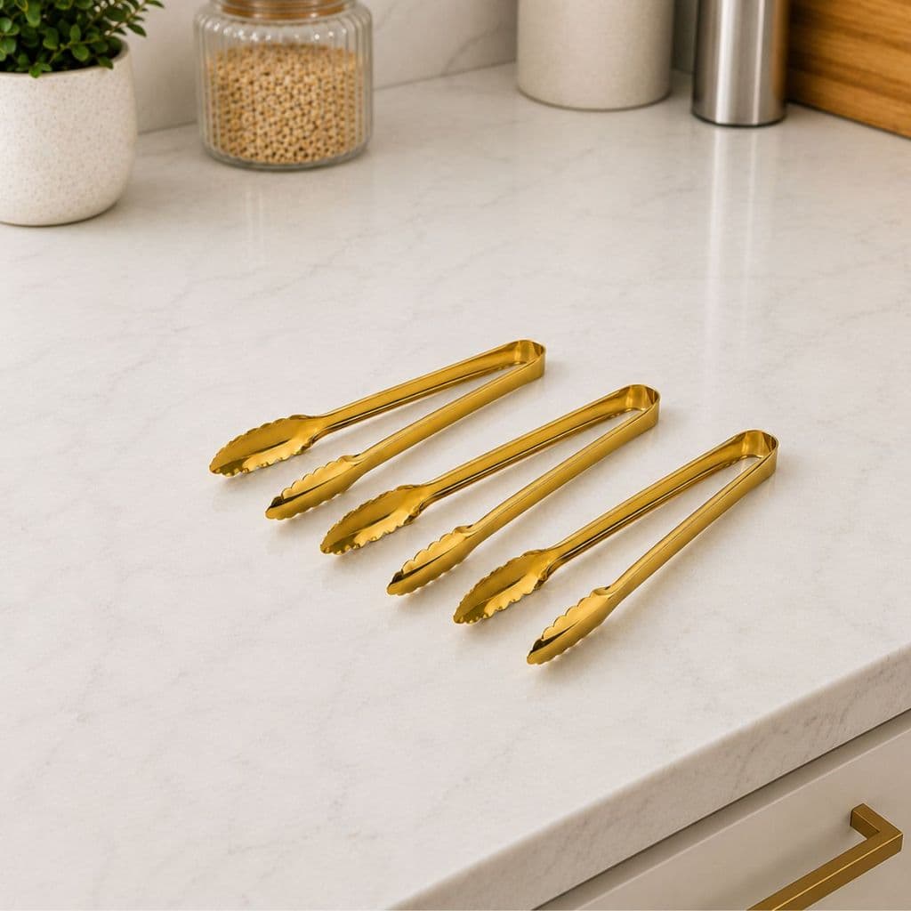 Pegador Pinça De Salada Dourado Em Aço Inox 24cm Premium Resistente Pegador Salada Massa Vegetais