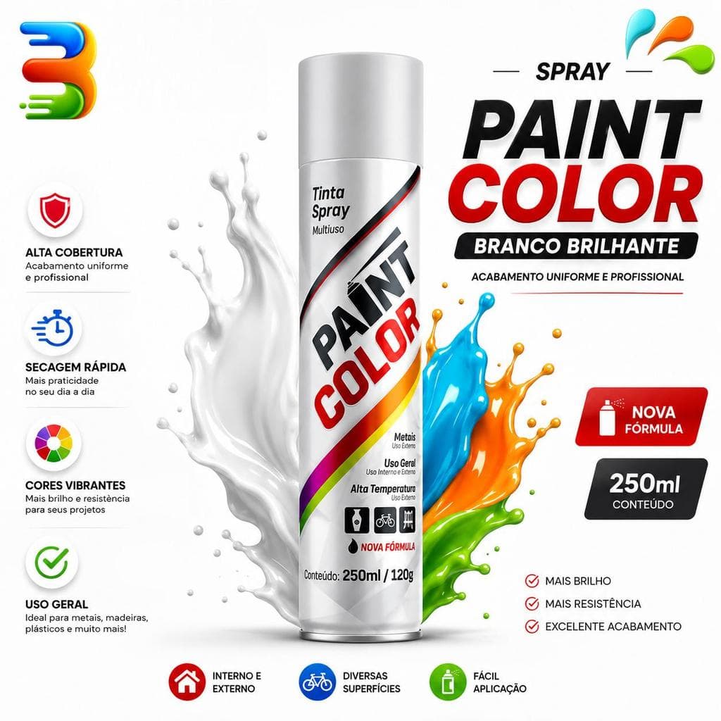 Spray Paint Color Branco Brilhante 250ml Tinta Spray Multiuso Alta Cobertura