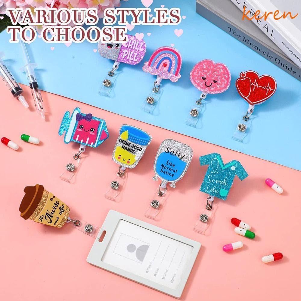 Kerenaa Carretel De Crachá Retrátil Glitter Acrílico Bonito Dos Desenhos Animados Enfermeira Médico Material De Escritór
