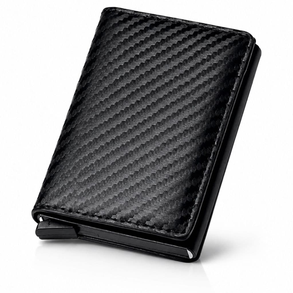 Carteira Porta Cartão Masculina Preta Slim RFID Pop Up Automática Alumínio PU Anti Clonagem