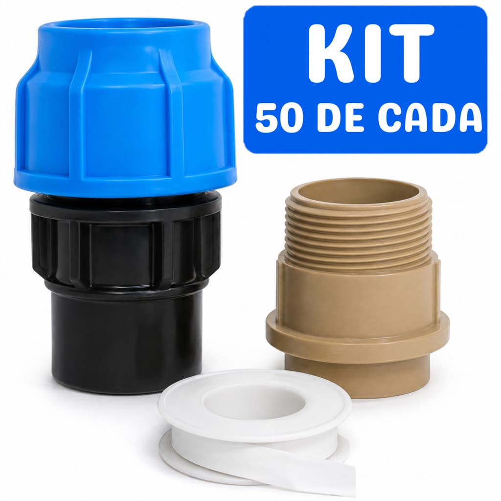 Kit 50 Adaptador PEAD Compressão Fêmea 40x1.1/4 +50 Soldável Curto 40x1.1/4 + Fita Veda Rosca 5m Converte Tubo PEAD 40mm