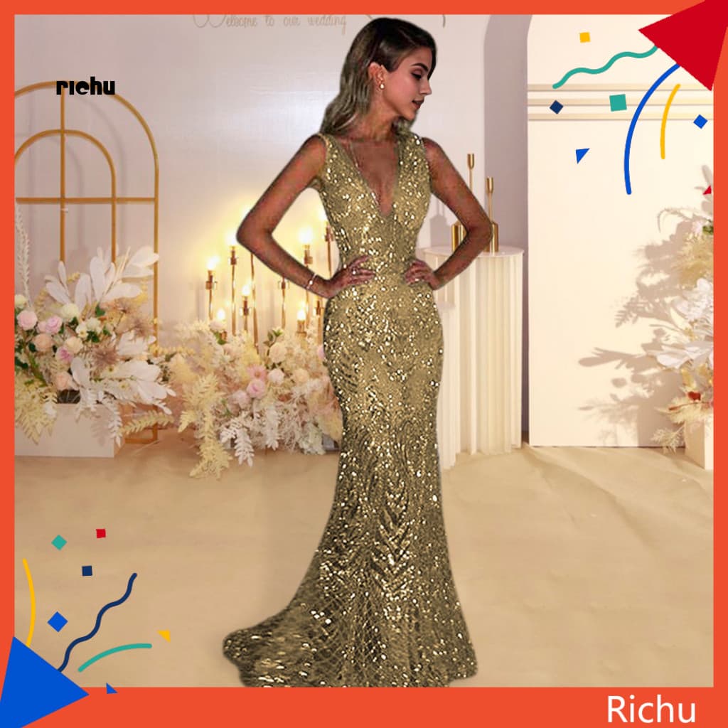 Sequined Evening Gown V-neck Sequin Cocktail Dress Women’s V Neck Slim Fit Backless Shiny Fishtail Hem Floor-length Ma