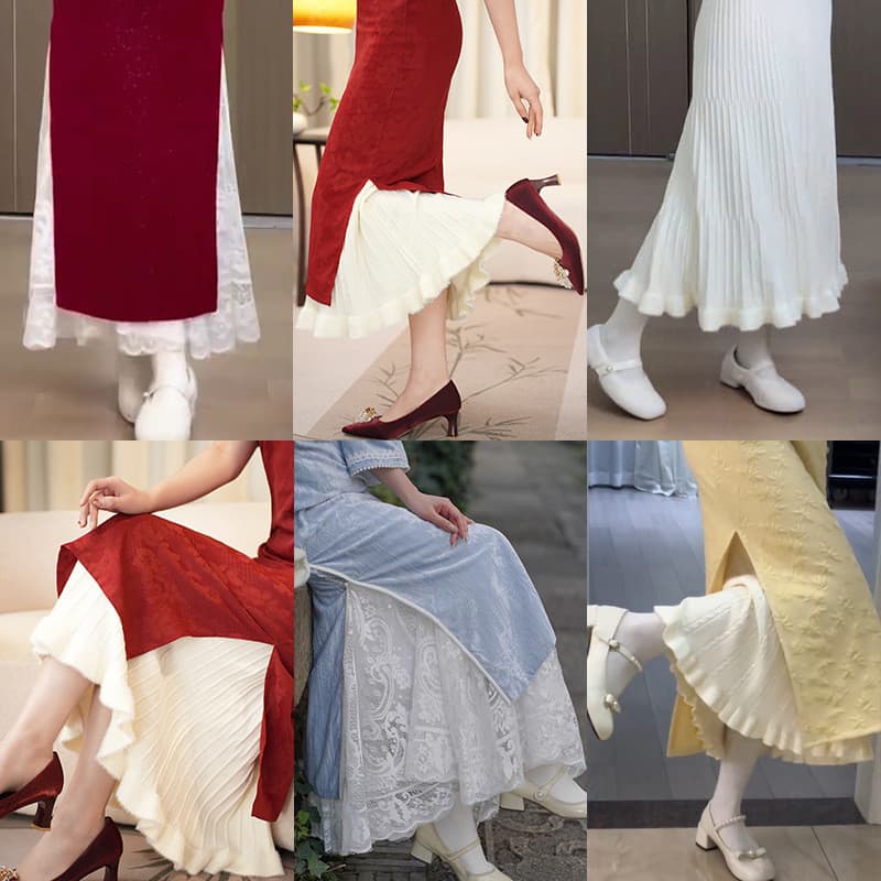 < Coleção All-Match Anágua > Cheongsam Anágua Interior Quatro Estações Anágua Interna em Camadas Anti-reflexo Saia Pliss
