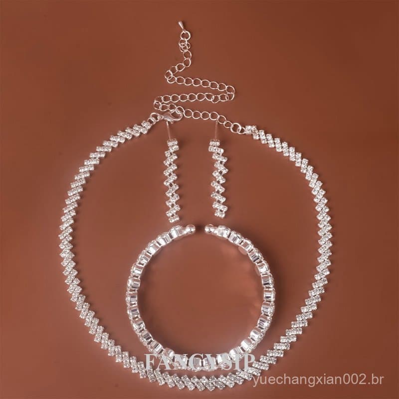 Nova Moda Brincos Colar Pulseira Conjunto De Jóias De Luxo Feminino Branco Strass