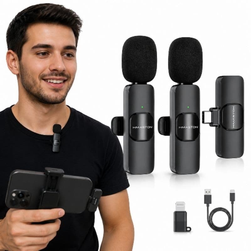 Microfone de Lapela Duplo Sem Fio H'Maston (Conector Tipo-C + Lightning IOS)