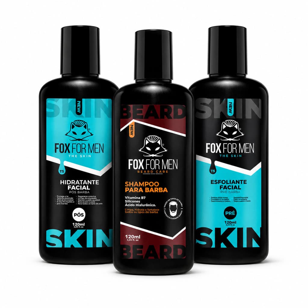 Kit Barba e Rosto Shampoo Pré Barba Pós Barba Hidratante Esfoliante Linha Skin Fox For Men