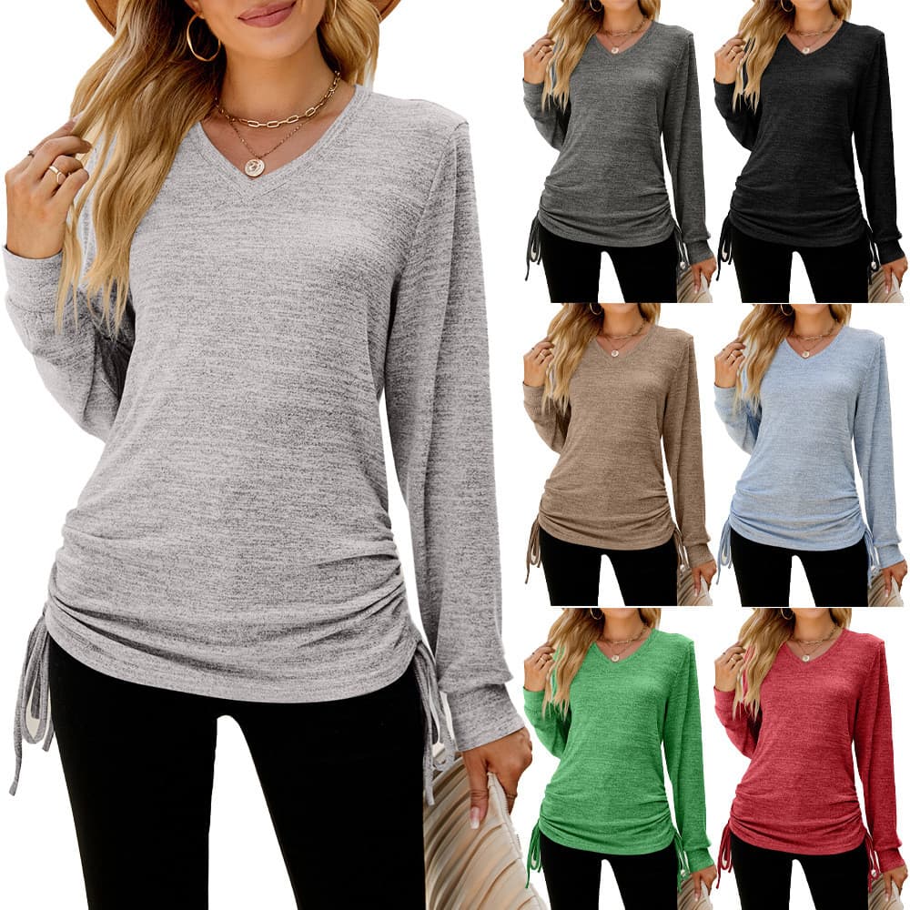 [Estilo mais vendido] Camiseta solta plissada de manga comprida com decote em V de cor sólida para mulheres [Envio rápid