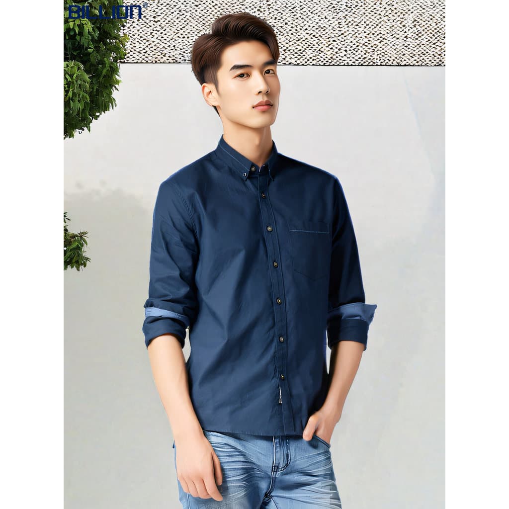 Bilhões de camisa de manga comprida masculina juventude fino ajuste algodão puro confortável safira azul vinho vermelho