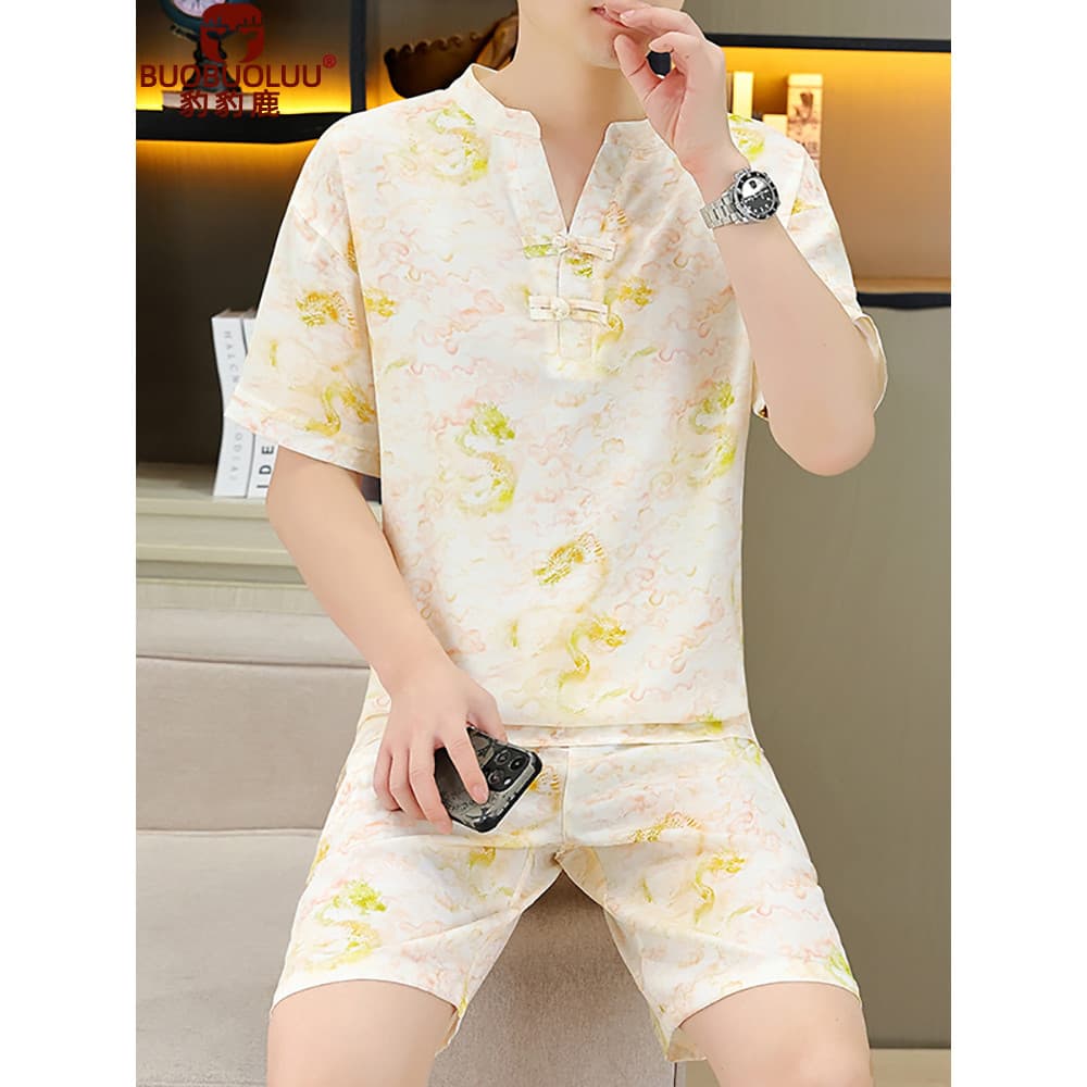2026 verão novo estilo de seda gelo pequena camisa Loungewear estilo chinês pijamas Shorts de manga curta camiseta terno