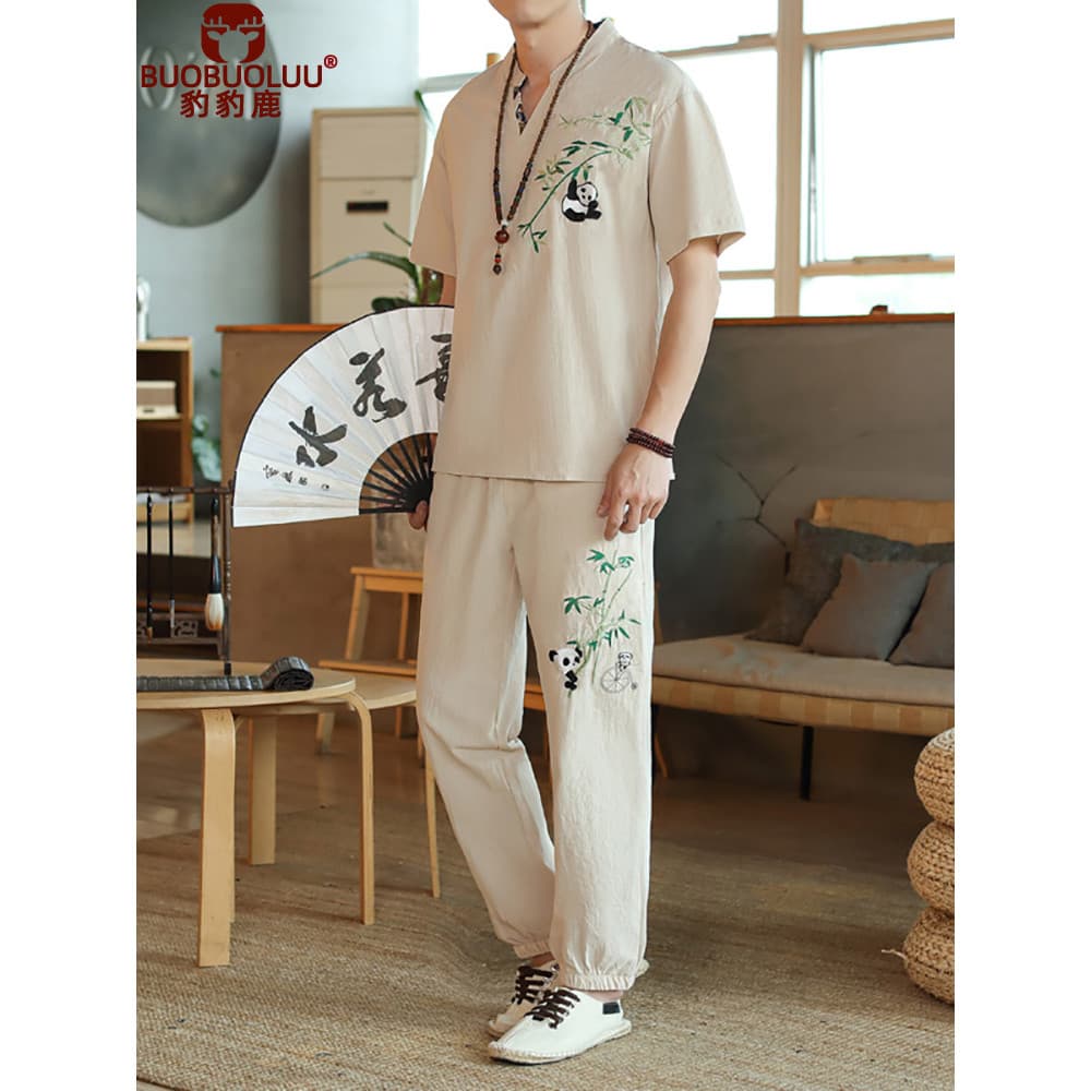Estilo chinês masculino verão fino algodão linho terno masculino de manga curta camiseta Casual linho Tang terno Hanfu t