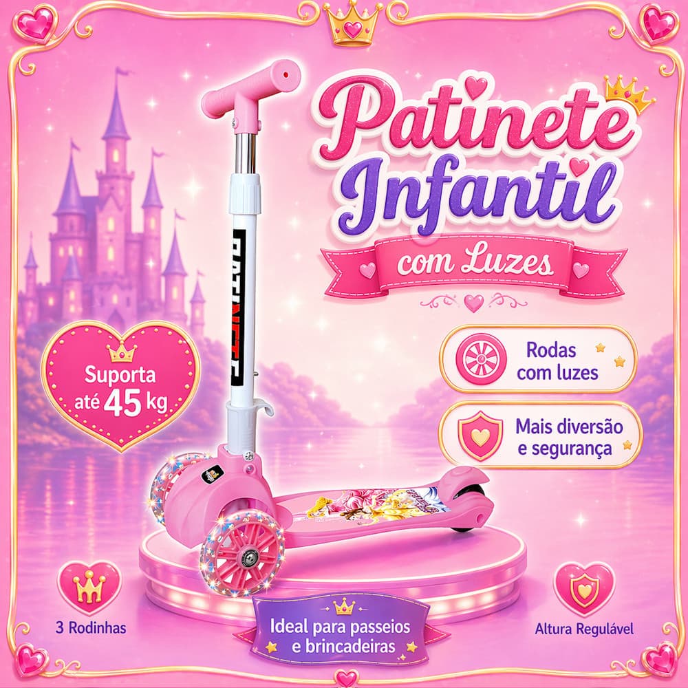 Patinete Feminino Masculino Ajuste Altura 3 Rodas Luz Freio Até 45kg Princesas Azul Verde Grafitado