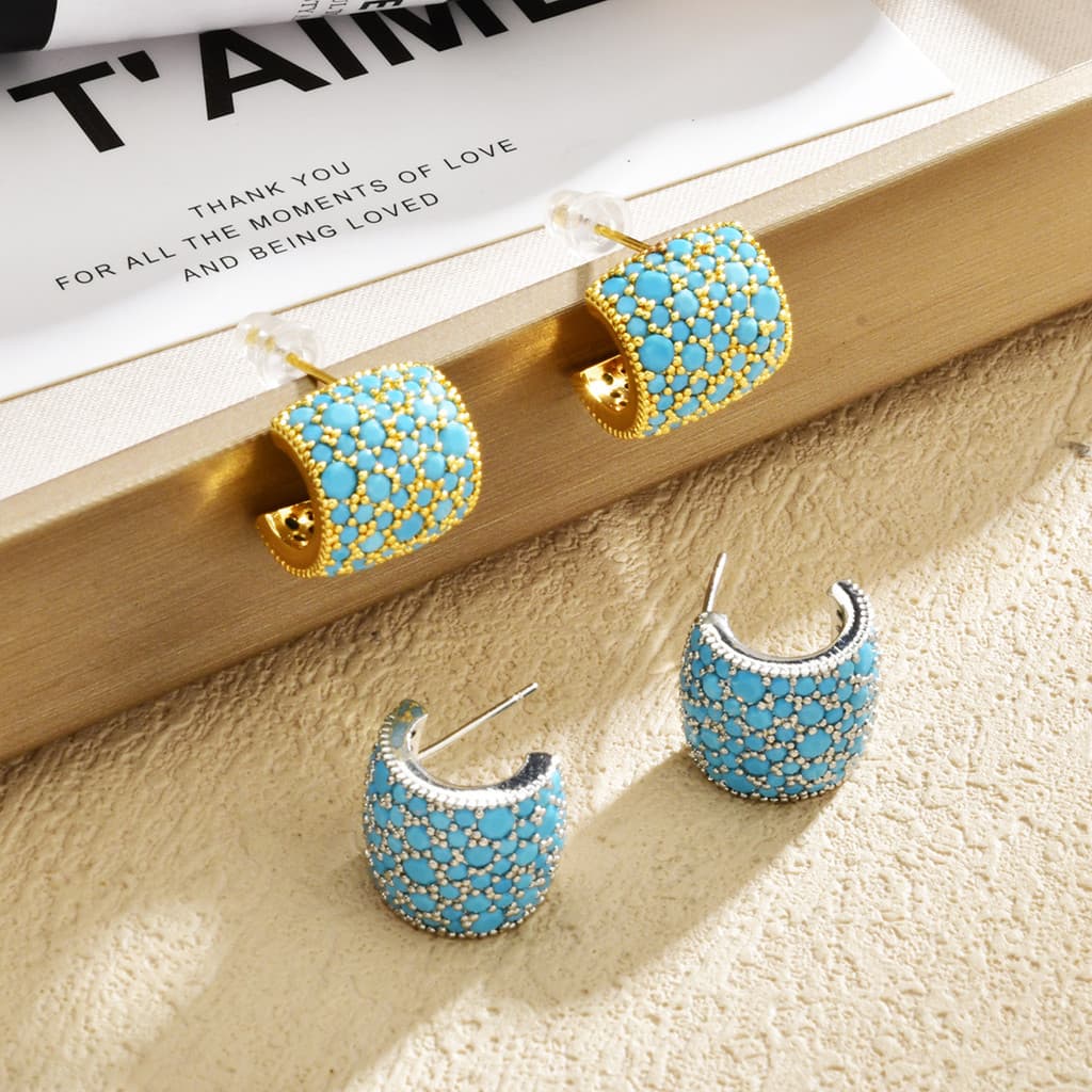 【29】Brincos Vintage Largos em Forma de C Azul Turquesa