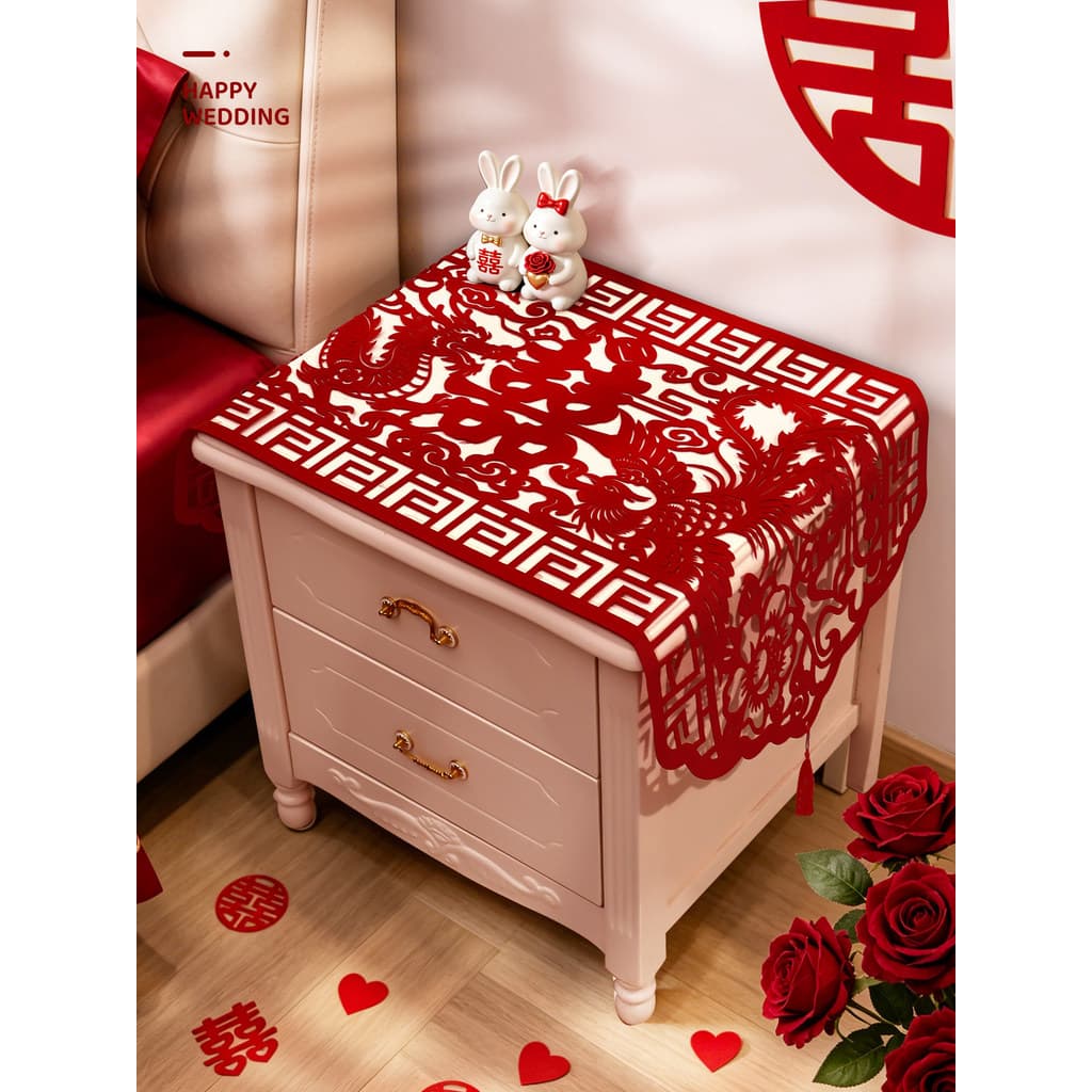Quarto chinês capa de mesa de cabeceira pano casamento vermelho corte de papel dragão Phoenix personagem feliz decoração