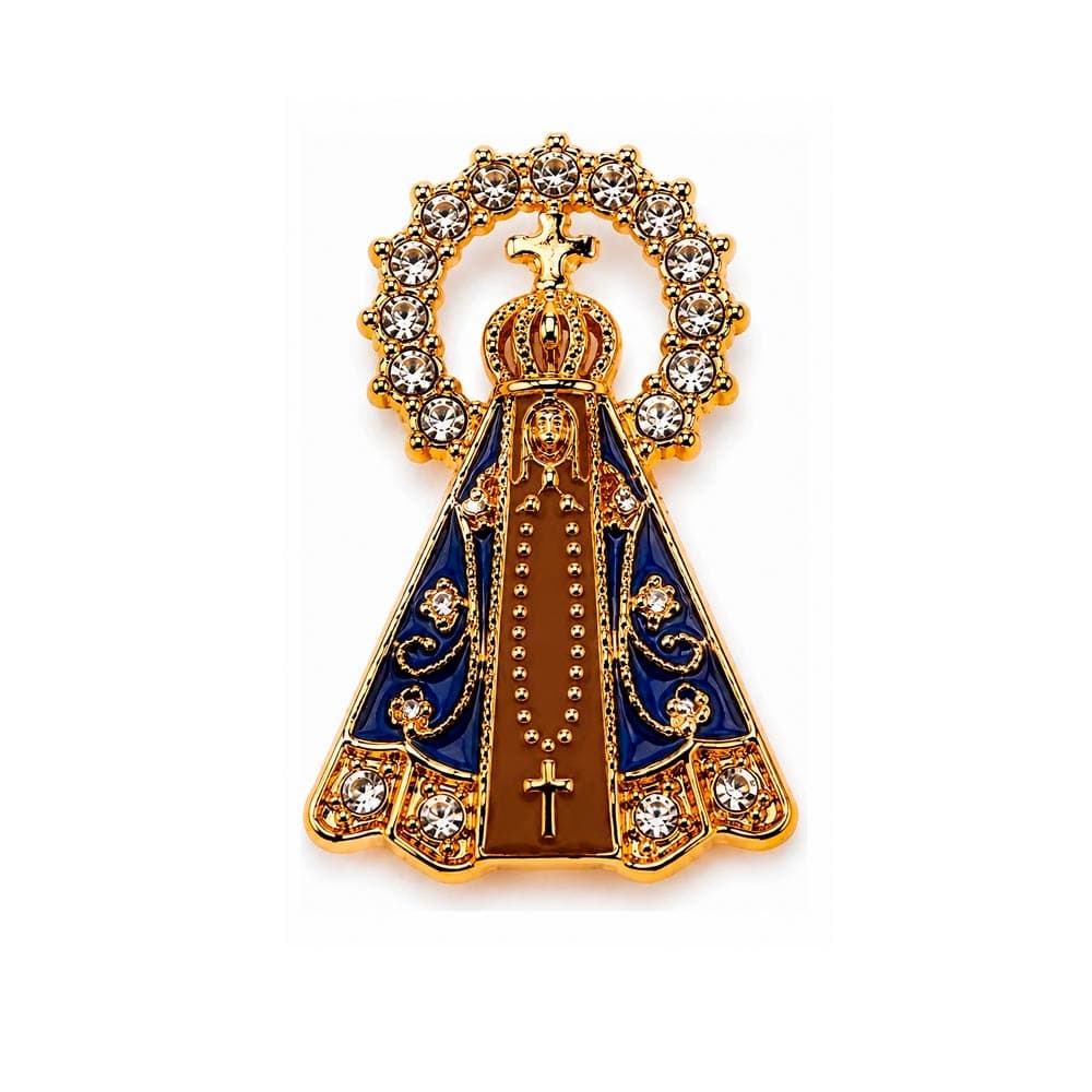 Broche Nossa Sra. Aparecida Fundo Marrom Resplendor Cravejado Dourado