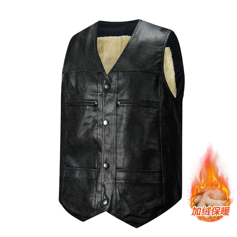 Novo estilo masculino de inverno sem mangas de lã grossa colete térmico, ajuste solto, colete de couro com vários bolsos