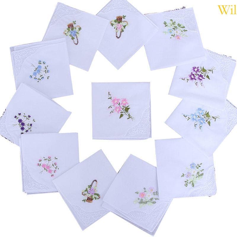 Conjunto 5 Peças Wil 11x11 Polegadas Lenços Quadrados Femininos Bordados Florais Canto Renda Borbol