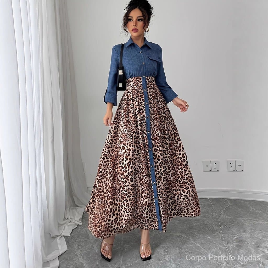Pronto estoque Transporte rápido novo estilo europeu americano Retro costura leopardo impressão vestido lapela único Bre