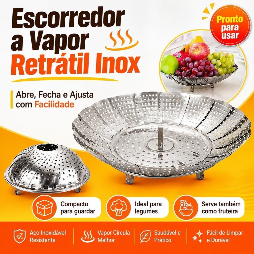 Cesto Escorredor De Cozimento a Vapor Legumes Inox Panela Vaporeira Verduras Cozinha Gourmet Dieta Alimentação Saudavel