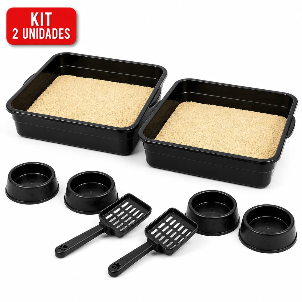 Kit 2 Caixas de Areia Gato Completo 2 Bandejas + 4 Comedouros + 2 Pás Higiene Pet Atacado