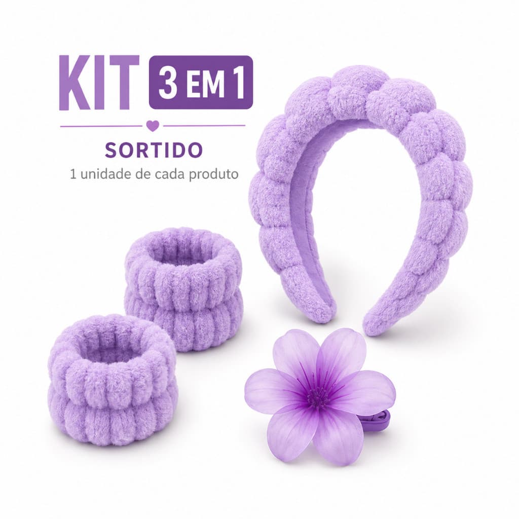 Kit Skincare 3 em 1 Tiara + Protetor de Punho + Presilha de Flor Cor Sortida